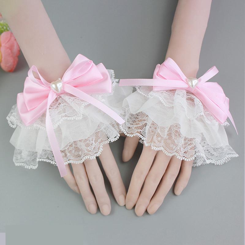 Sweet Cute Lace Fake Sleeves Bow Wrist Cuff Sweater Decorative Wristbands Short Fingerless Gloves For Girls Tea Party