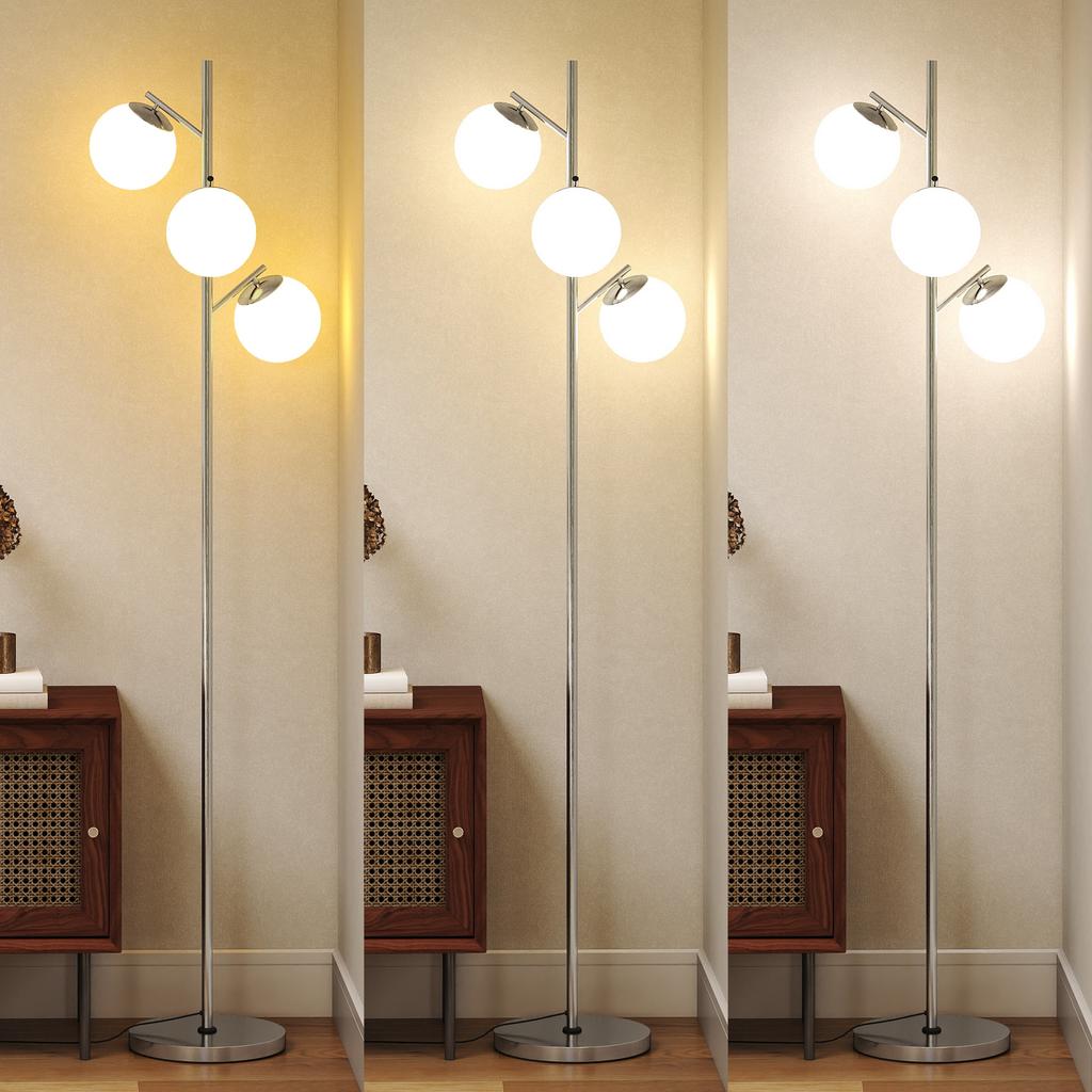 3-Light Tree Floor Lamps for Living Room, Modern Standing Lamp for Bedroom with Globe Lampshade, 3000K/4000K/6000K Colour Temperatures, Steel Base