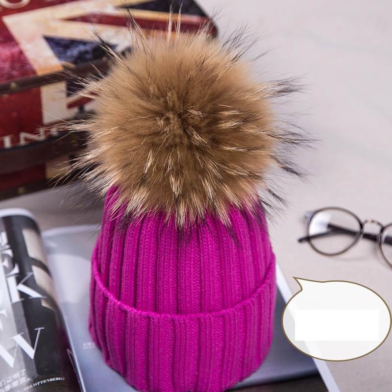 Real Winter New Raccoon Fur Hats Pom Pon Women Lady Knit Beanie Bobble Cap