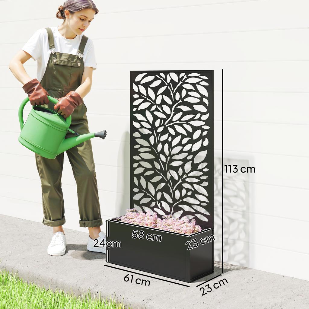Outdoor Metal Planter, with Back Trellis - Black