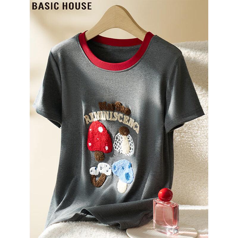Basic House Korean Style Colorblock Embroidered Short Sleeve T-Shirt L