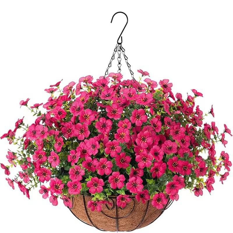 Artificial Violet Flower Hanging Basket With Iron Frame Coconut Fiber Liner Outdoor Garden Decor