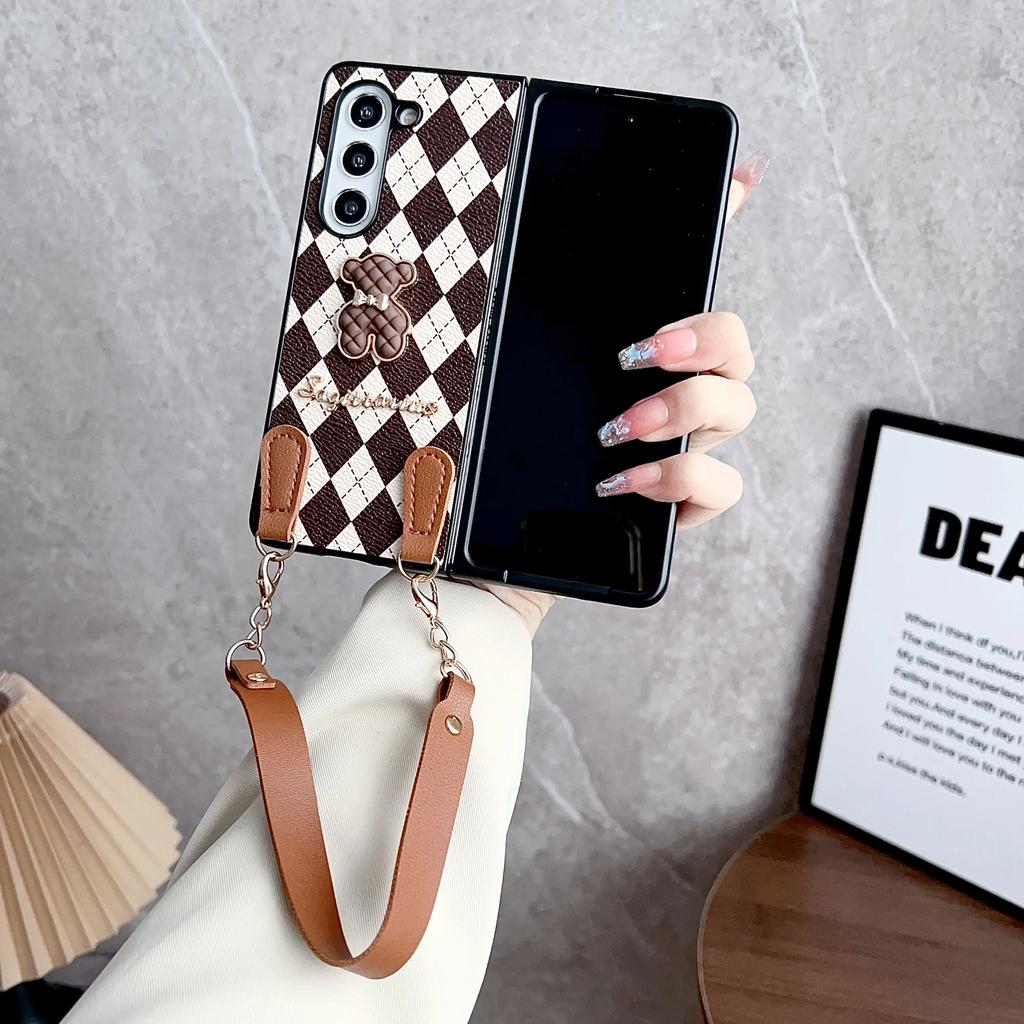 Luxus Mode Business Sle Metall Bär Armband Leder Handyhülle für Samsung Galaxy Z Fold 7 6 5 4 3 Schutz Hülle Rückseite