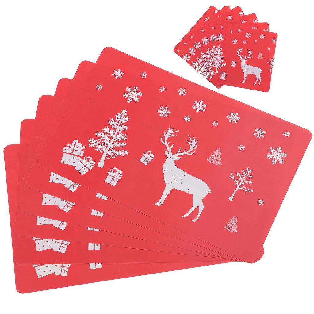 12Pcs Christmas Table Mats PVC Printing Placemats Coasters Heat Resistant Anti Slip for Home Restaurant Dining Table Red Deer