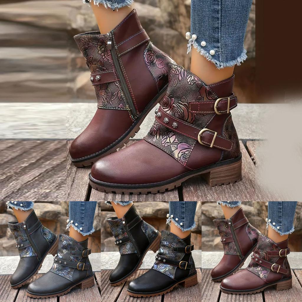 Dames platform enkellaarsjes van patchwork leer, modieus, casual, retro, met wijde schacht, kniehoog, voor dames in grote maten, exotisch.