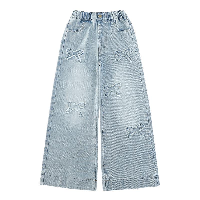 American Retro Kids Baggy Jeans with Bows for Girls Fashion Stretch Elastic Waist Denim Pants Child Wide Leg Jeans Trousers