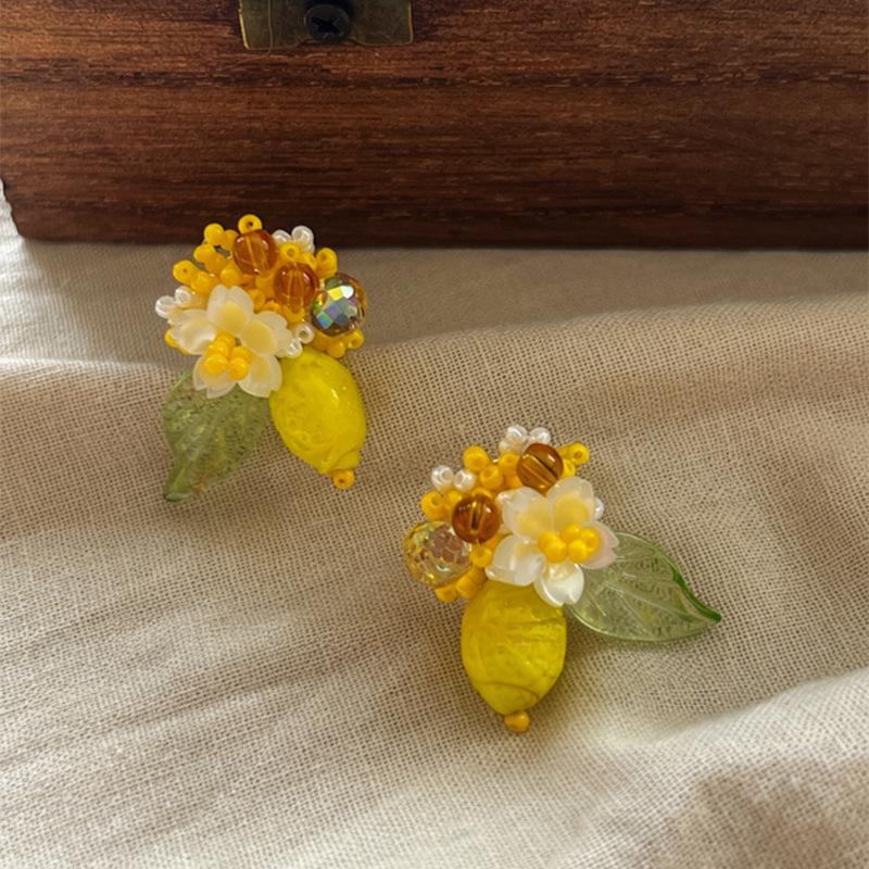 Pastoral Lemon Flower Beaded Jewelry Set: Sweet Necklace & Earrings