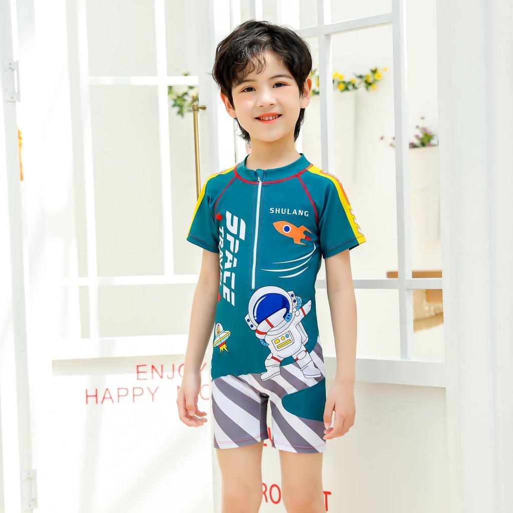 Kids' Quick-Dry Short Sleeve One-Piece Swimsuit for Boys - Medium & Large Sizes, Ideal for Swimming and Hot Springs