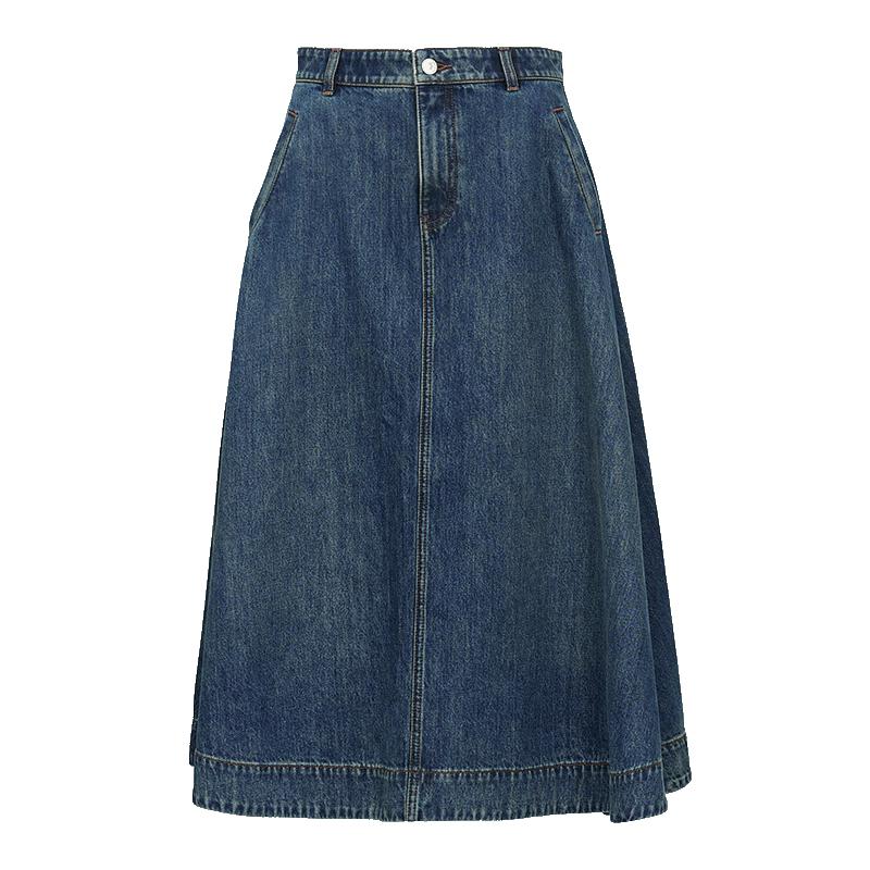 Veromoda 2026 Autumn Retro Washed High-Waist Denim A-Line Skirt