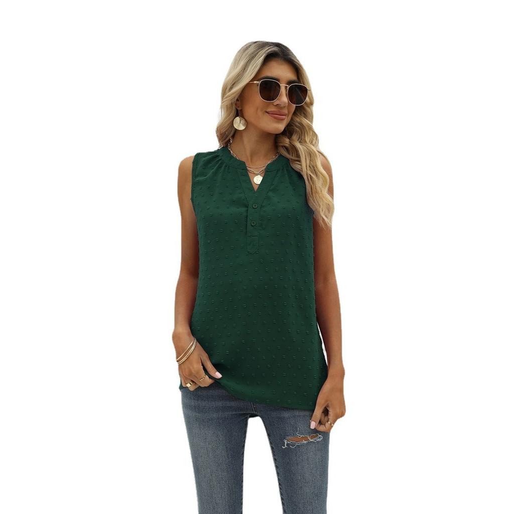 Summer Women's Solid Color Chiffon Loose V-Neck Jacquard Sleeveless Casual Vest Top for Crossborder European American