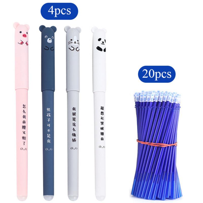 24 Stück 0,35 mm löschbare Gelstift-Minen-Set, 4 Stück Kawaii Cartoon-Stift, 20 Stück Minen für Schüler
