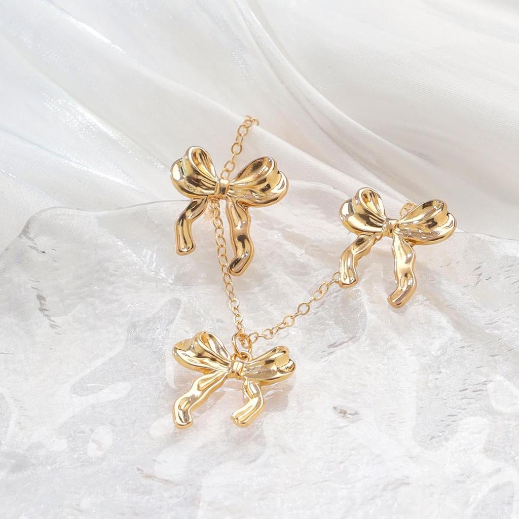 Elegant Bow Pendant Necklace & Earrings Set for Women