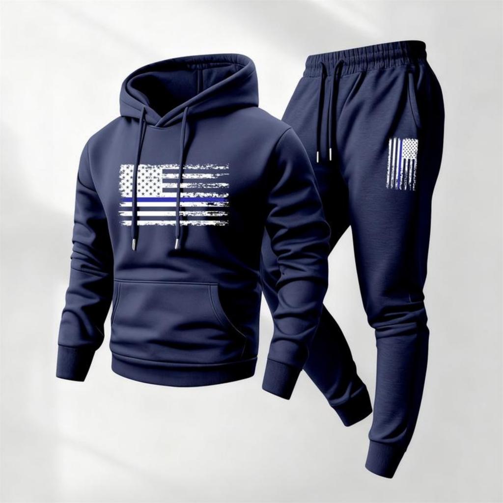 Men's Casual Printed Sweatshirt Set, Men's Hooded Drawstring Sweatshirt And Sweatpants Two-piece Set