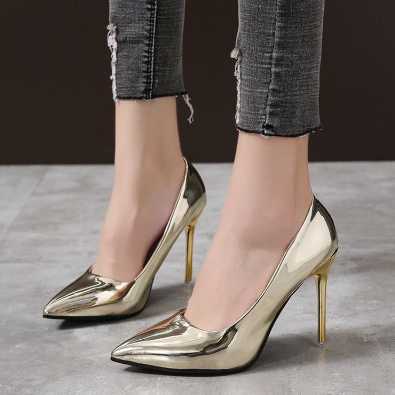 Women Pumps High Heels Silver Sexy Patent Leather Sliver Shoes for Women Stilettos Fashion Luxury Wedding Party Shoes Big Size