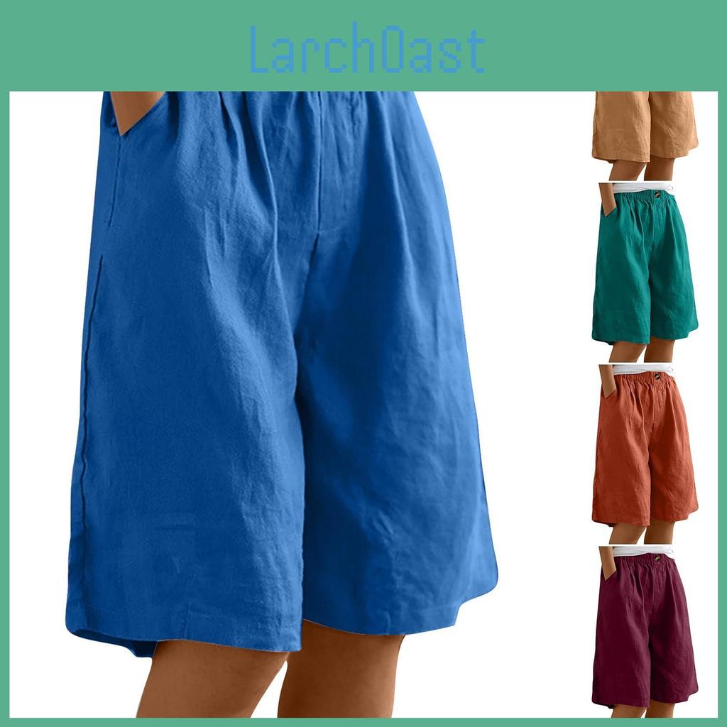 Solid Pants Color Fashion Womens Pocket Button Up Capris Loose Elastic Waist Cotton Linen Shorts