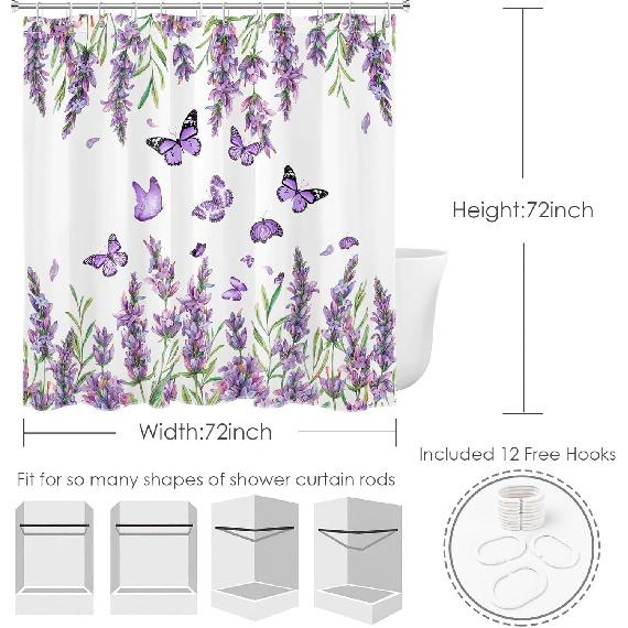 Purple Floral Shower Curtain Purple Lavender and Butterfly on White Shower Curtain for Bathroom, Rustic Flower Plant Shower Curtain Set Durable