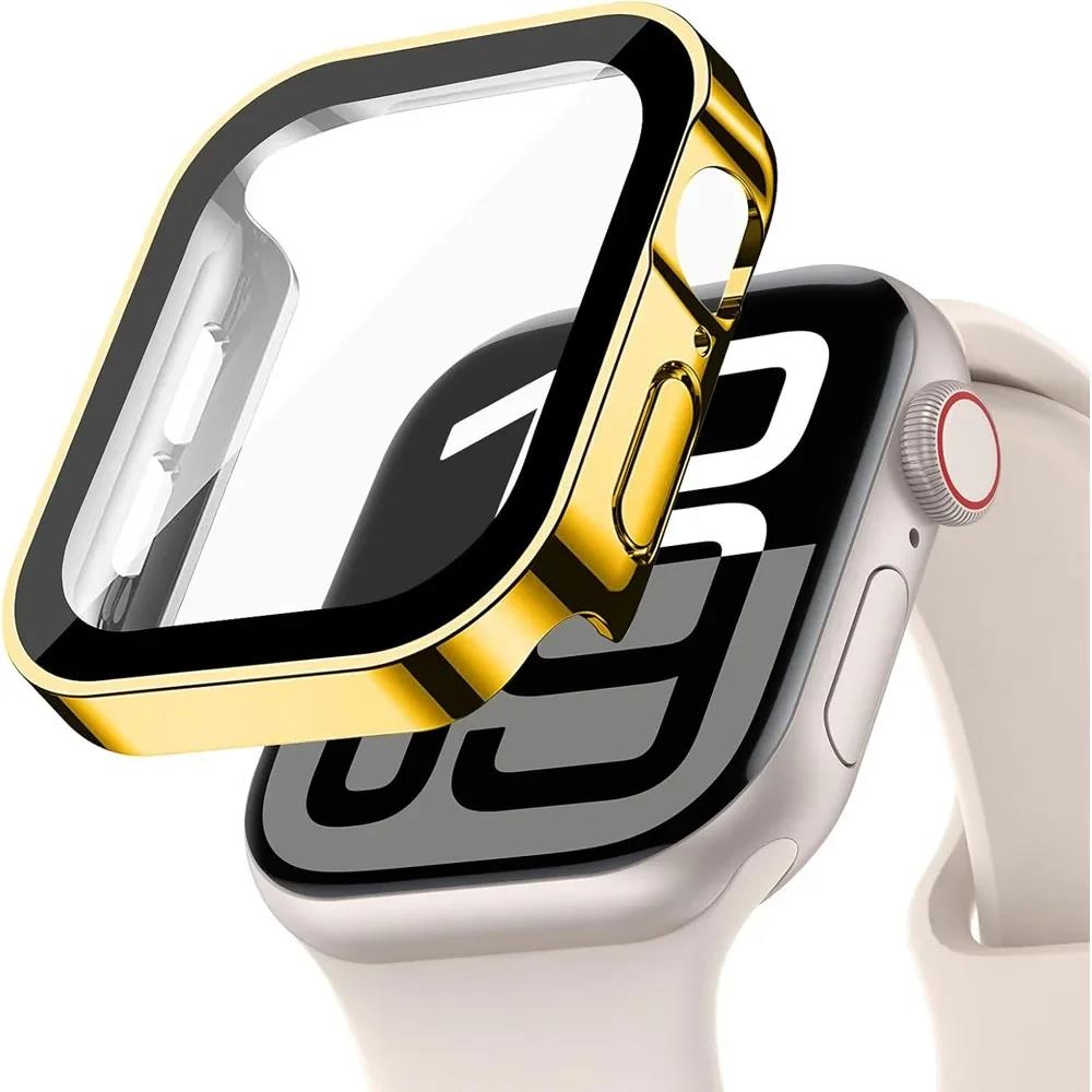 Glass+Case For Apple Watch 42mm 46mm 45mm 41mm 44mm 40mm Straight Edge Screen Protector Cover Case iWatch SE 3 6 7 8 9 10 11 7