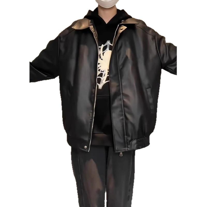 Mens Black PU Leather Jacket Loose Fit Biker Style Hooded Outerwear Casual Streetwear