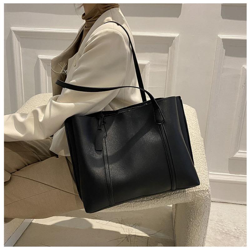 Simple Solid Color Large Capacity Tote Bag Casual Soft Leather Shoulder Bag for Women