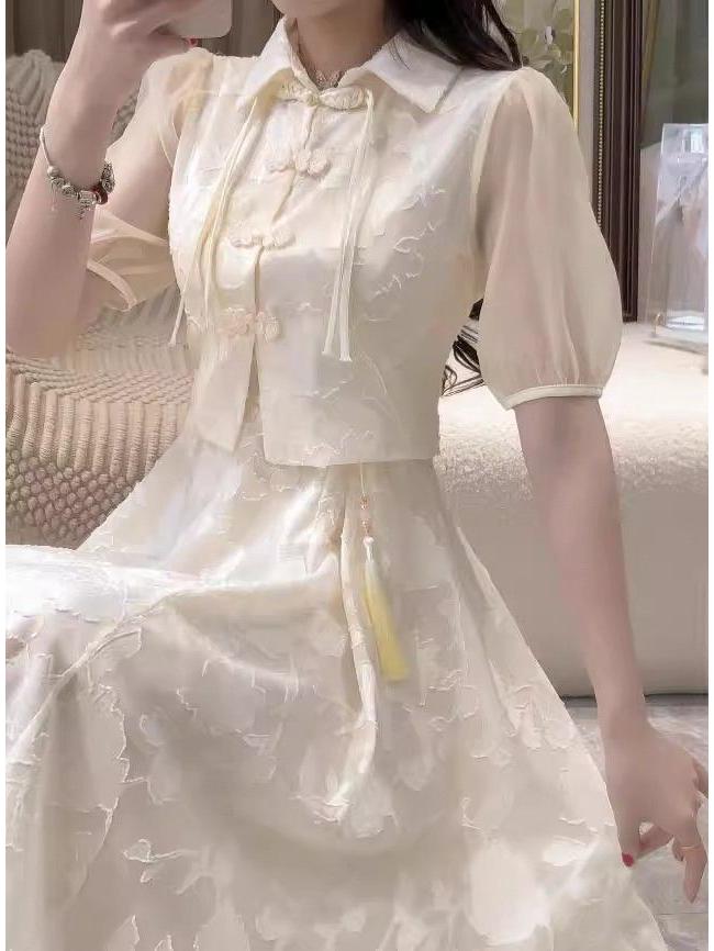 Elegant Summer 2024 Women's Two-Piece: Chinese Style Cheongsam Skirt & Camisole Dress with Frog Button Top