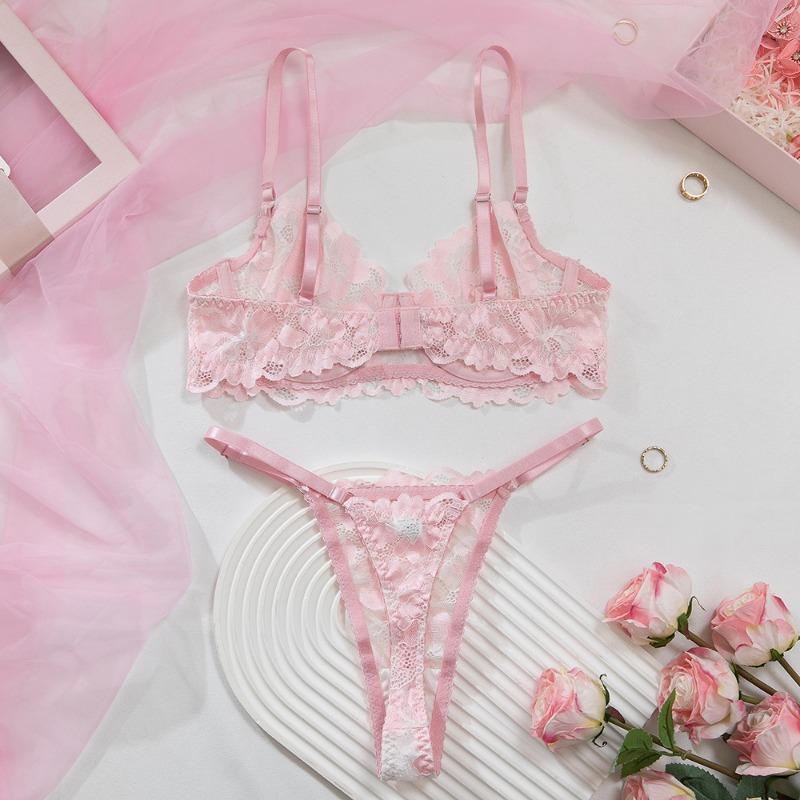 Women S Pink Eyelash Lace Underwire Push Up Semi Sheer Sexy Lingerie Bra Set