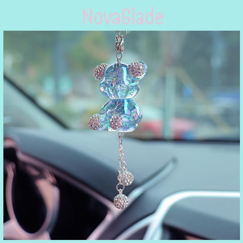 Cute Cartoon Teddy Bear Car Mirror Hanging Ornament Purple Clay Car Pendant With Plastic Rhinestones