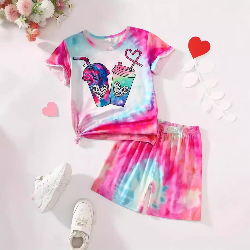 Girls' New Style Suits Short-sleeved Tops Shorts Two-piece Set Trendy Animal and Plant Prints