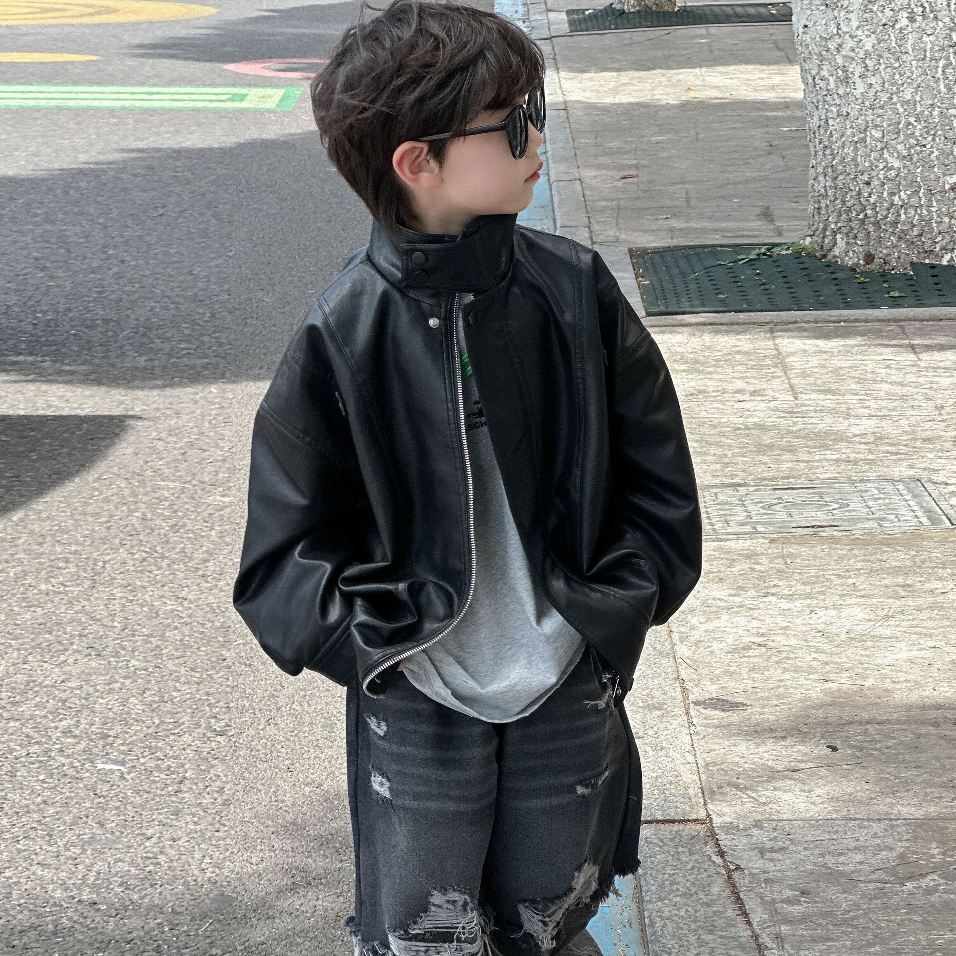 Boys Soft PU Bomber Jacket – Vintage Leather‑Look Spring Autumn Outerwear, Zipper Short Coat for Kids, Stylish Streetwear 100cm чёрный