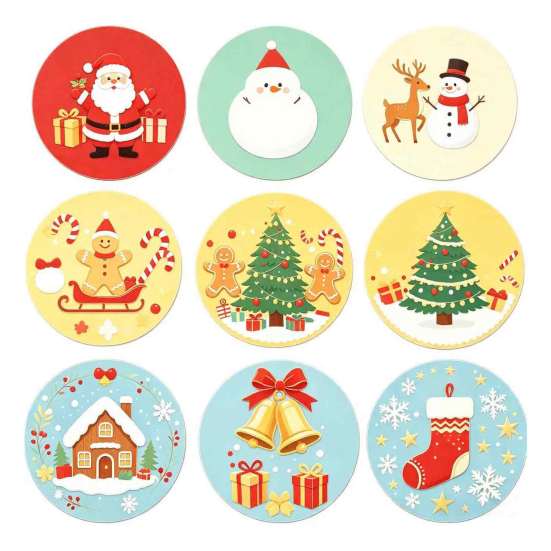 Christmas Wooden Coasters 9Pcs Set, Heat Resistant Cup Mats, Waterproof Non Slip Drink Round Table Protection Mats for Home Office Desk Accessories