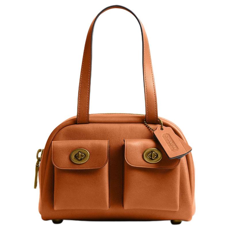 Coach Originals Twin Turnlock 20 Vintage Style Cow Leather Shoulder Bag Small Women's Toffee