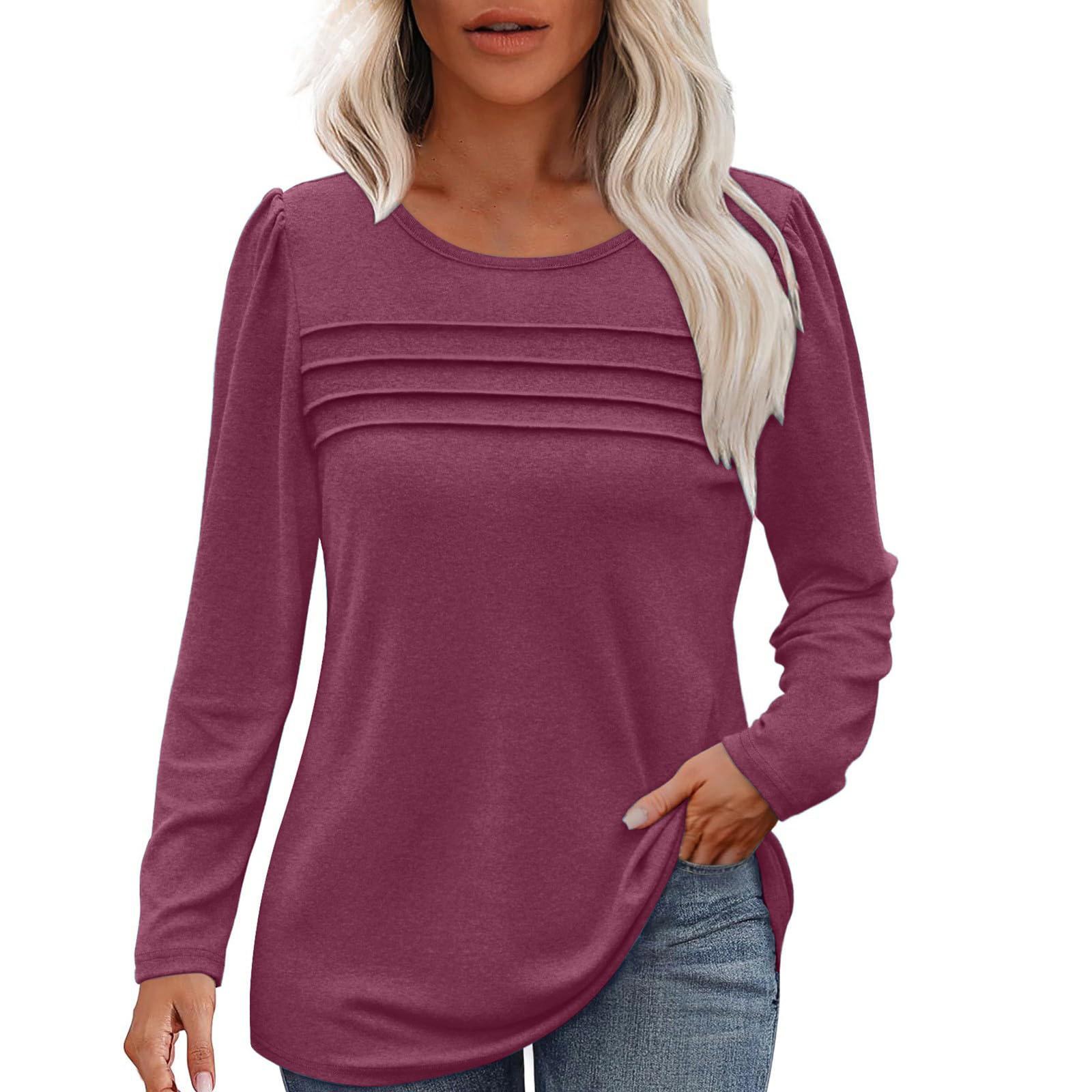 

Жіночий вільний повсякденний однотонний модний топ з круглим вирізом і довгими рукавами XXXL темно-фіолетовий колір