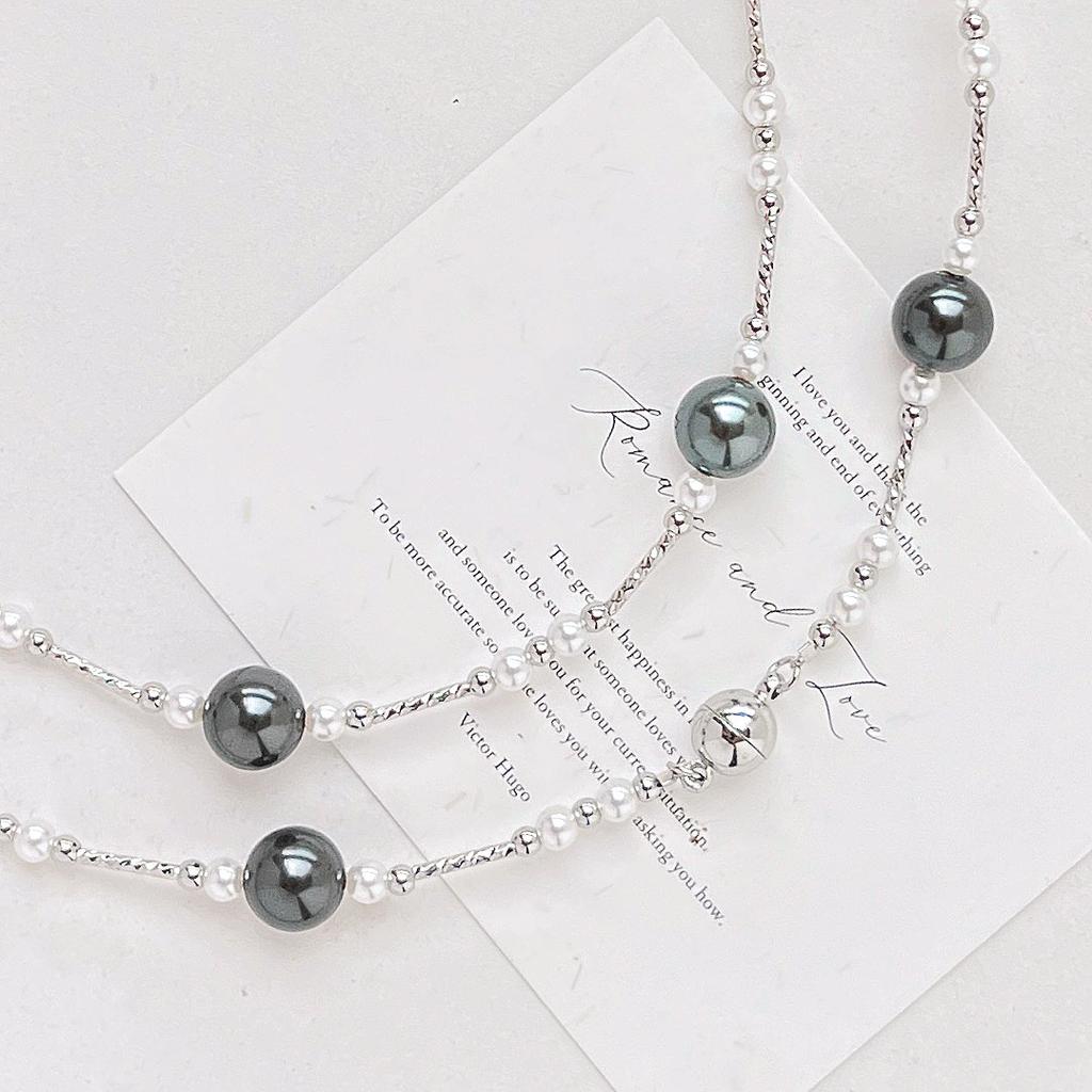 Wind High Quality Mixed Color Cool Black and White Shijia Pearls Maillard Style Necklace Collarbone Chain Necklace Sweater Chain