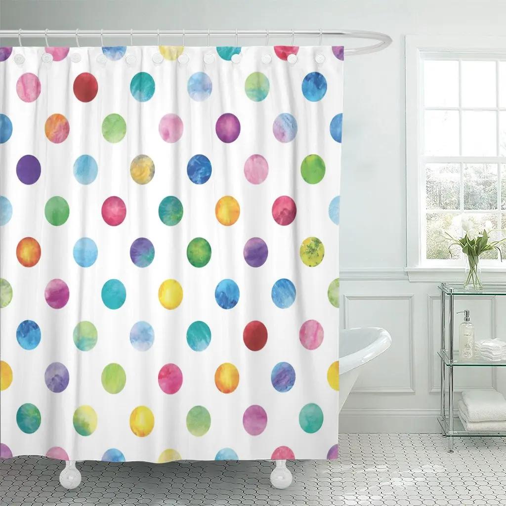 Cute Colorful Red Polka Dot Circle Shower Curtain,Rainbow Bathroom Shower Curtains With Hooks,Waterproof Funny Bathroom Curtains