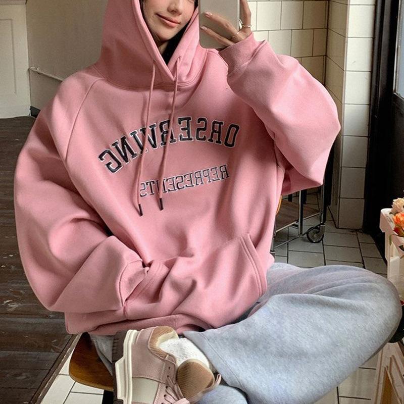Women's Hooded Long Sleeve Sweatshirt Loose Fit Letter Printed Pullover Hoodie Couple Autumn Daily Outerwear