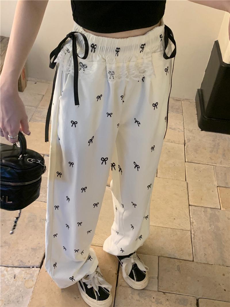 

Женские осенние повседневные брюки с бантами, кружевом и эластичной талией, широкие брюки M миндальный/кремовый