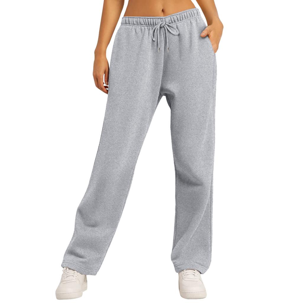 Women's Mid Waist Straight Sweatpants Loose Fit Drawstring Casual Wide Leg Trousers With Side Pockets