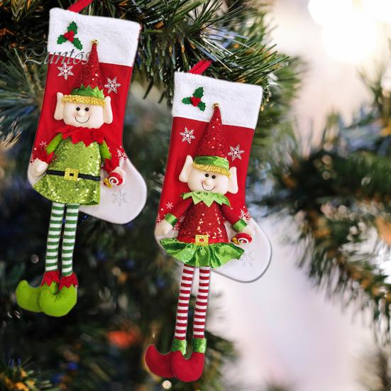 Christmas Stockings 3D Cute Elf Doll Xmas Stocking Decorations Long Legged Elf Hanging Stocking for Candies Toys Gifts