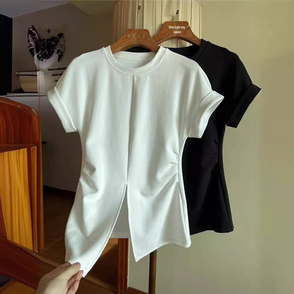 Waist-Hugging Batwing Sleeve Side Slit T-Shirt - Trendy Short Sleeve Top