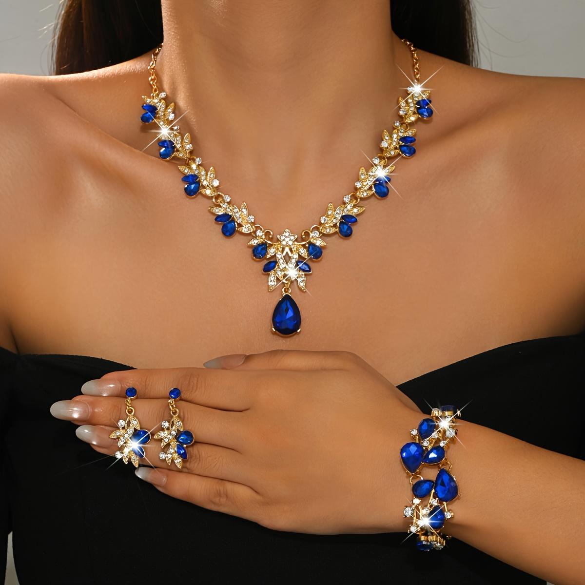 Luxury Blue Jewelry Three-Piece Set: Teardrop Pendant Necklace + Bracelet + Earrings, Women s Banquet Accessories 1422+B9017-HBR