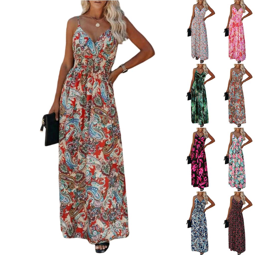 Women’s Floral Print Maxi Dress Sleeveless V Neck Adjustable Spaghetti Strap Long Summer Dress Casual Loose Fit Beachwear