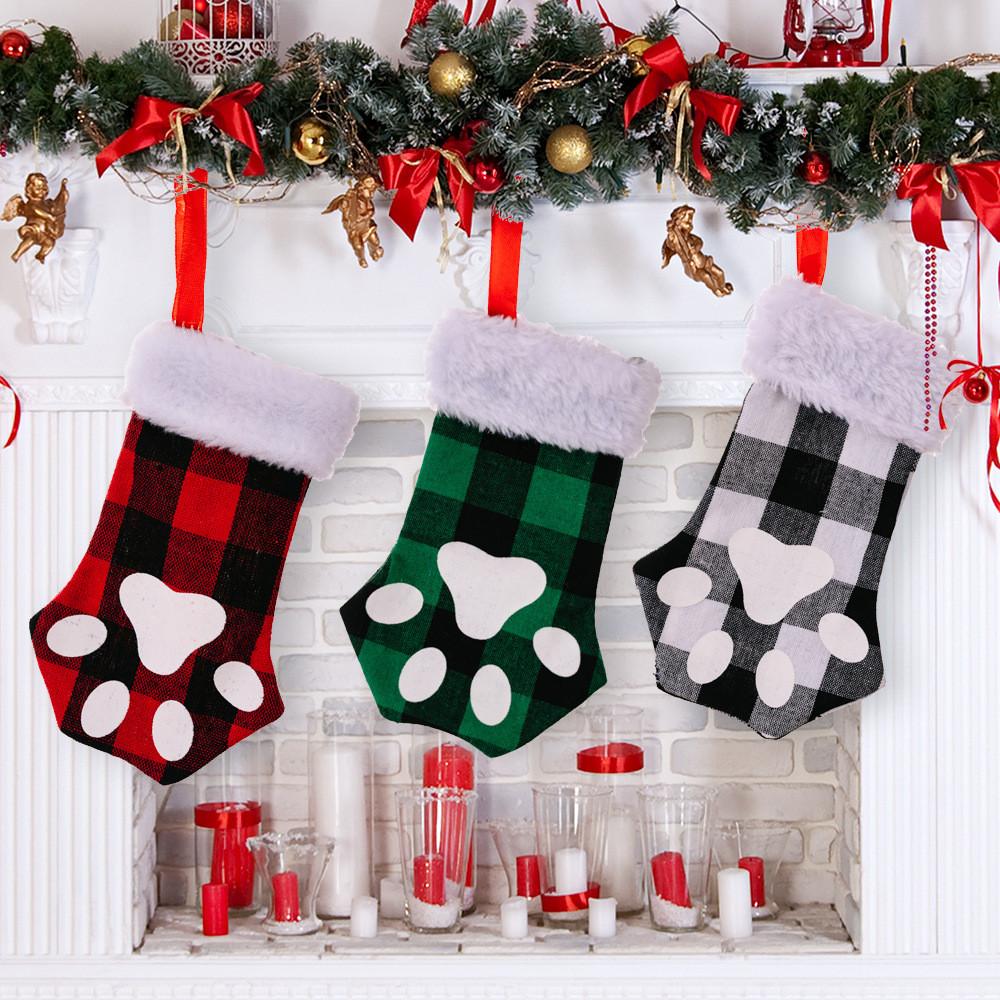 Cartoon Cat Delightful Paw Christmas Stockings In Bright Red Green And Black White