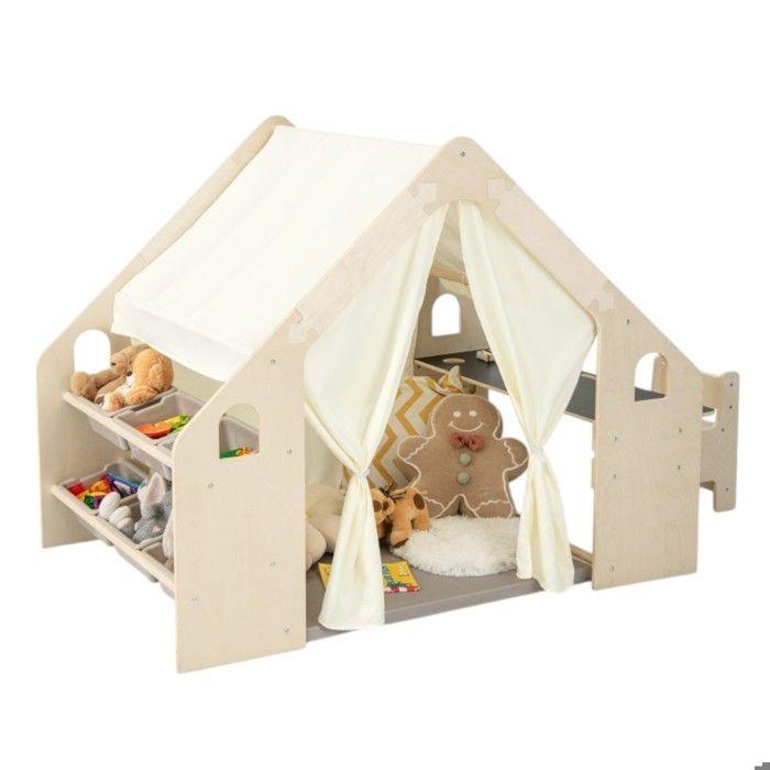 Maison de jeu en bois 6 en 1 - GINGER HOME - Tente, Table, Chaise, Tableau noir - Montessori - Dès 2 ans