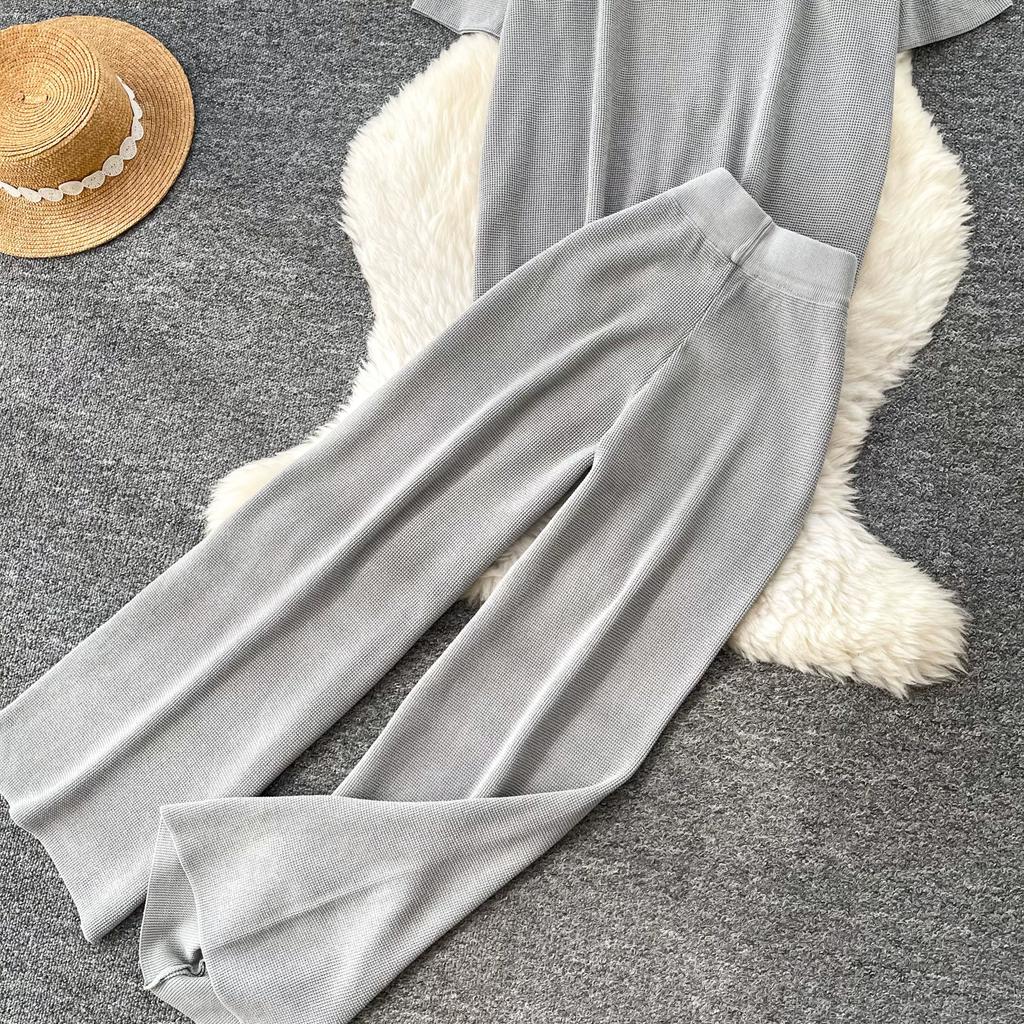 Casual and Fashionable Knit Set for Women New Summer V-Neck Short-Sleeve Sweater Tops and Wide-Leg Pants Two-Piece Sets