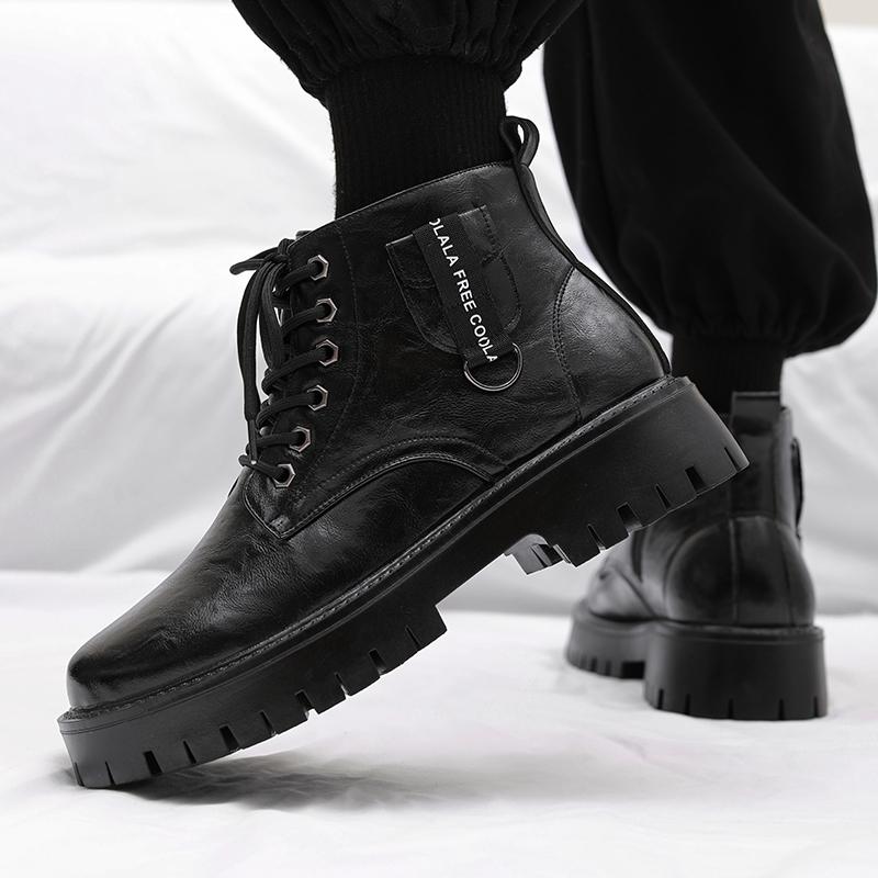 Men's high top leather shoes Trendy British style Party Outdoor Recreation Daily office thick soled men's boots Black shoes