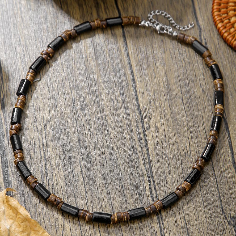 Summer Beach Bohemian Wood Chip Coconut Shell Necklace Men's Surf Necklace Simple Tribal Stainless Steel Necklace