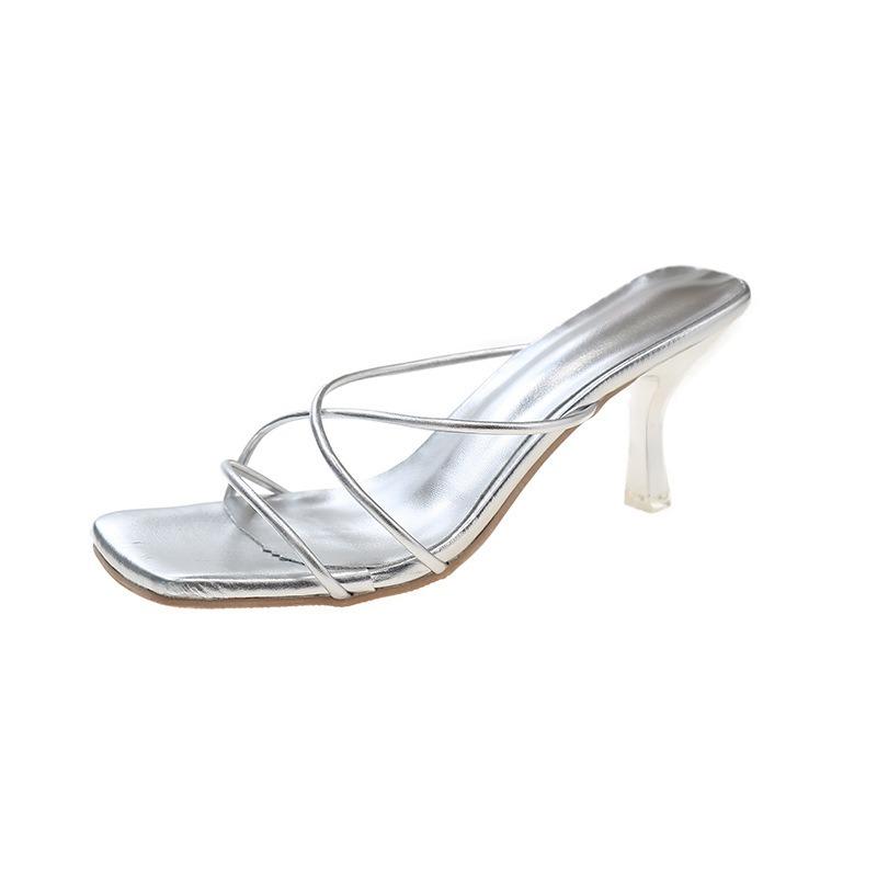 Silver stiletto high heels women's spring new versatile fashion outer wear open-toed niche sandals