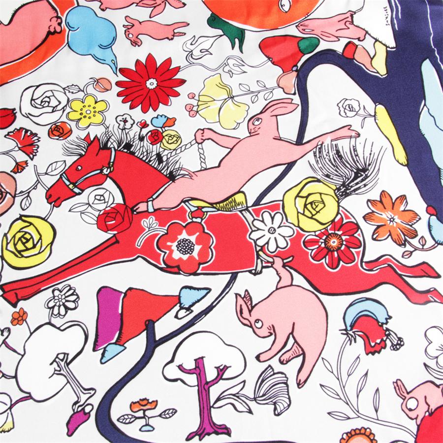 90Cm Rabbits Printed Twill Silk Scarf Shawl  Square Scarves Wraps Women Hijabs Luxury Bandana Foulards Head Neckerchief