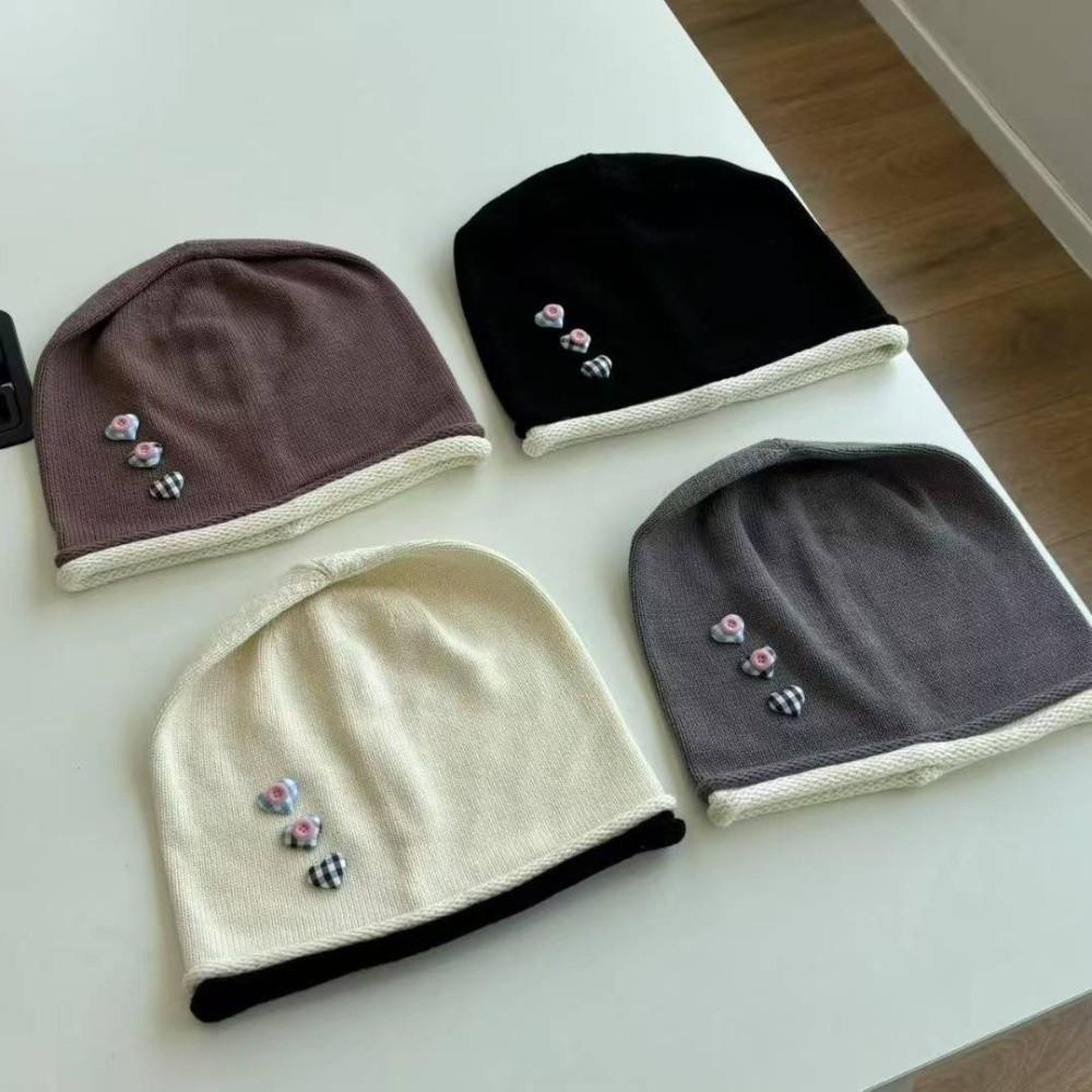 Heart Button Knitted Beanies Cap Vintage Pullover Hats Fashion Y2k Baggy Cap  Streetwear