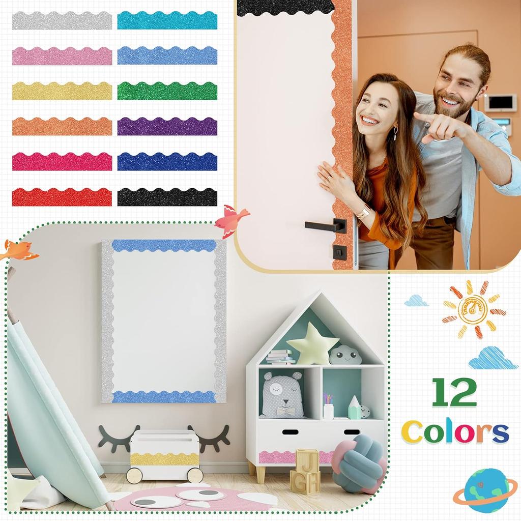 Geyee 120 Pieces Glitter Bulletin Board Border Scalloped Border Trim Shiny Bulletin Poster Decoration Colorful Glitter Paper for School Classroom