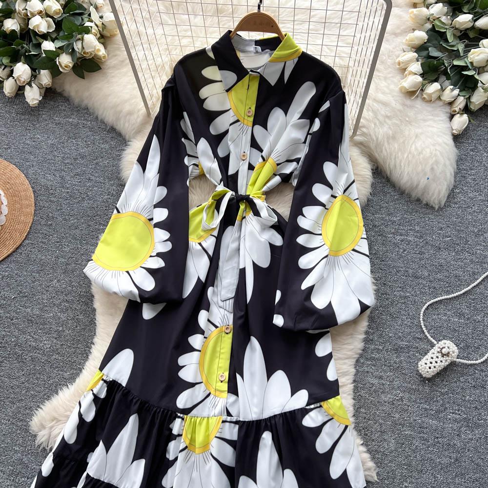 Chic Vintage Sexy Buttonn Ruched  Print Slim Elegant Fairy Summer  Korean Fashion Boho Sundress Women Clothing Long Dress